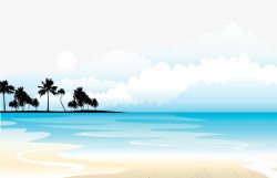 卡通手绘蓝色海水远处椰树素材