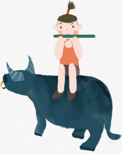 吹箫手绘卡通手绘放牛的孩子高清图片