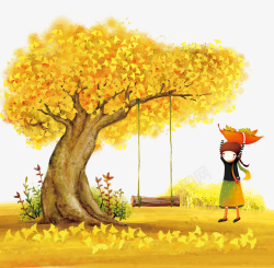 枯黄梧桐树叶立秋捡树叶的女孩高清图片