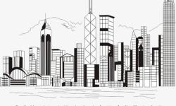 卡通波浪线手绘线稿香港建筑全貌图高清图片