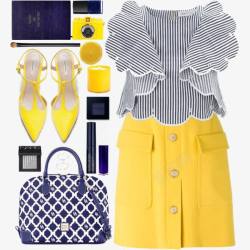 黄色高跟鞋条纹上衣和黄色裙子高清图片