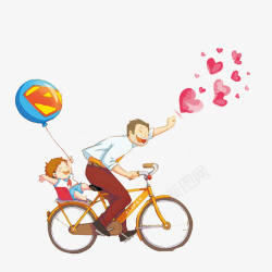 带着孩子去旅行卡通手绘骑着自行车带着孩子的爸高清图片