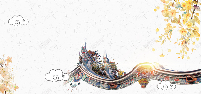 中国风庭院房地产海报jpg设计背景_88icon https://88icon.com 中式庭院 中式酒店 云朵 古建筑 客栈庭院 徽式建筑 房地产 手绘 投资理财 文艺 篱笆 荷花