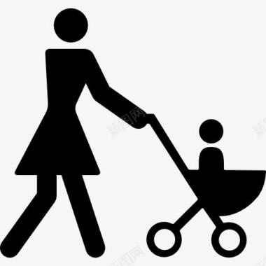 女人剪影妈妈走与她的儿子在童车图标图标