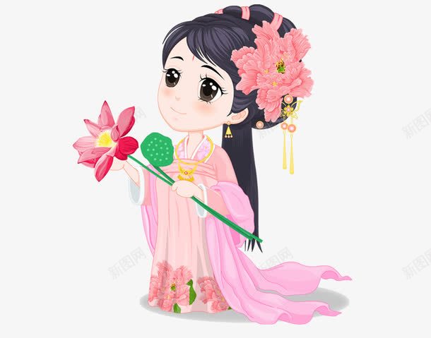 荷花娘娘png免抠素材_88icon https://88icon.com 中国古代 中国古代卡通人物 中国古代头饰 卡通人物 卡通古代人物 卡通女孩 卡通娘娘 卡通小孩 卡通荷花 古装 古风衣服 流苏 牡丹花头饰 粉色 绿色