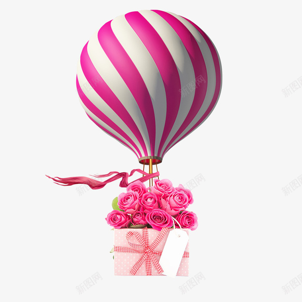 载着礼物的热气球psd免抠素材_88icon https://88icon.com 条纹热气球 浪漫 玫瑰花 礼物 粉色热气球 粉色绸带