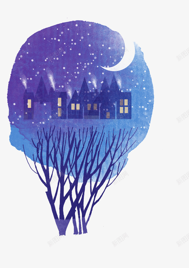 蓝色墨迹中的夜景png免抠素材_88icon https://88icon.com 北欧 夜景 小吴 小清新 房屋 手绘 月亮 水彩 灯光