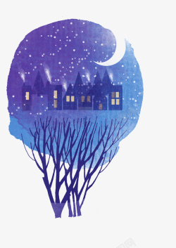 小清新房屋蓝色墨迹中的夜景高清图片