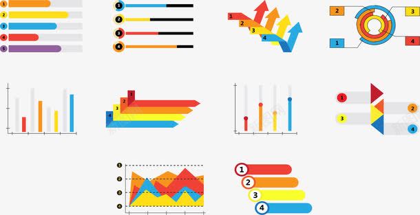 彩色组合信息图表目录png免抠素材_88icon https://88icon.com 信息图表 商务目录 数据分析 柱形图 矢量素材 箭头 面积图