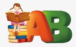 少儿阅读坐在书堆上学英语的卡通小女孩高清图片