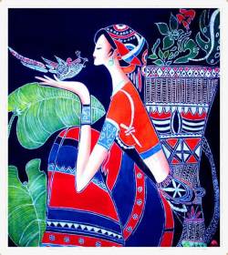 古典刺绣苗族姑娘蜡染布高清图片