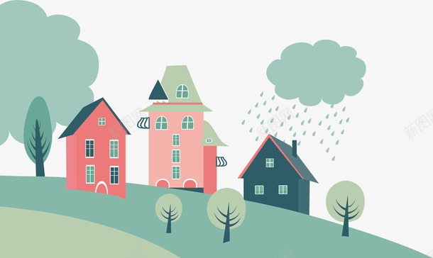 水彩房子装饰矢量图ai免抠素材_88icon https://88icon.com 卡通手绘 居民区剪影 房子 树木 植物 矢量图 绿色 绿色云朵 草坪