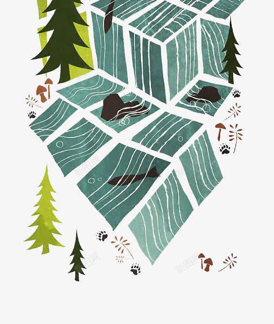 森林png免抠素材_88icon https://88icon.com 几何森林 创意森林 抽象森林 河流 黑熊
