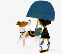 插画雨伞看书的女孩和狗高清图片