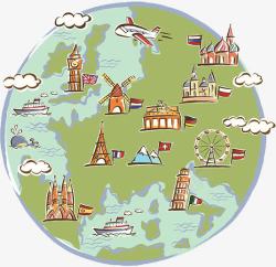 半球手绘欧洲国家著名景点地图高清图片