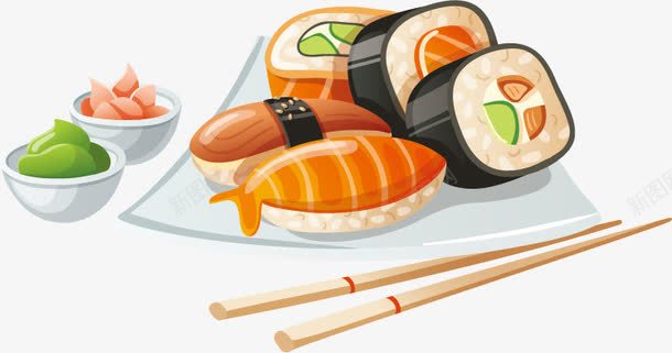 外国美食矢量图ai免抠素材_88icon https://88icon.com 寿司 插画 筷子 美食 饭团 鱼 矢量图