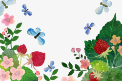 水彩草莓花卉蝴蝶装饰图案矢量图素材