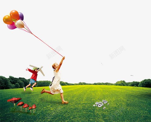 在草地上奔跑的孩子png免抠素材_88icon https://88icon.com 在草地上奔跑的孩子 小人奔跑 小花朵 拿着气球的孩子 蘑菇