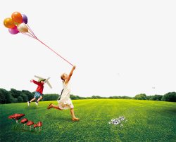 花朵气球在草地上奔跑的孩子高清图片