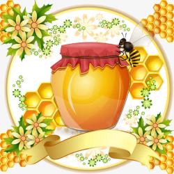 蜂窝格蜂蜜与蜂蜜标签飘带高清图片