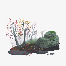 树林石头水彩竹林高清图片