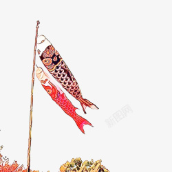 日本鱼旗手绘插画风飘动的鲤鱼旗高清图片