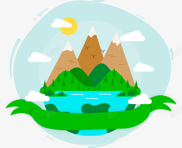 扁平化清新山水风景png免抠素材_88icon https://88icon.com 世界地球日 卡通 山水风景 扁平化 插画 环保 矢量图案