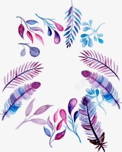 蓝紫色水彩羽毛树叶素材