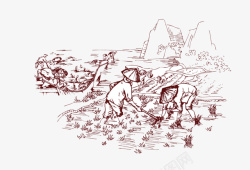 素描山手绘素描农民插秧背景高清图片