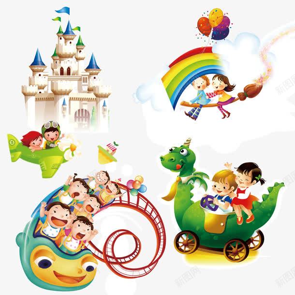 儿童游乐园png免抠素材_88icon https://88icon.com 六一儿童节 卡通 城堡 彩虹 过山车