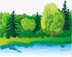 卡通绿树湖水矢量图素材