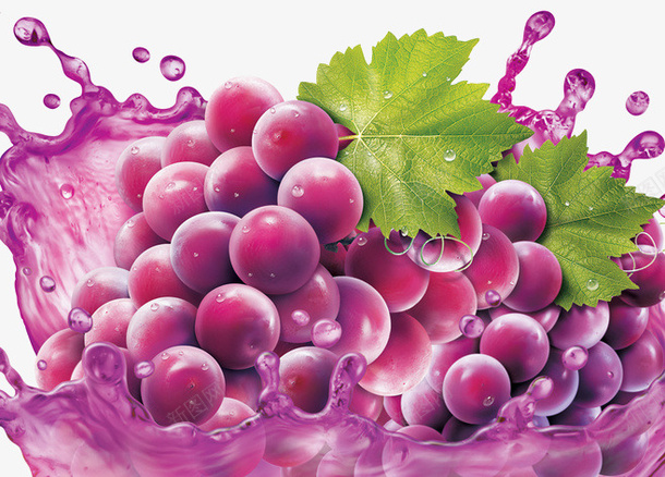 紫色葡萄汁png免抠素材_88icon https://88icon.com 创意 喷溅的液体 新鲜葡萄 果汁 水果 水花 紫色葡萄 绿色叶子 葡萄汁 饮料