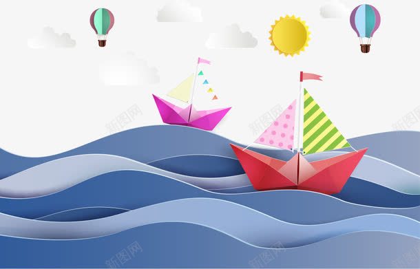 大海和纸船png免抠素材_88icon https://88icon.com 大海 太阳 海浪 热气球 白云 纸船