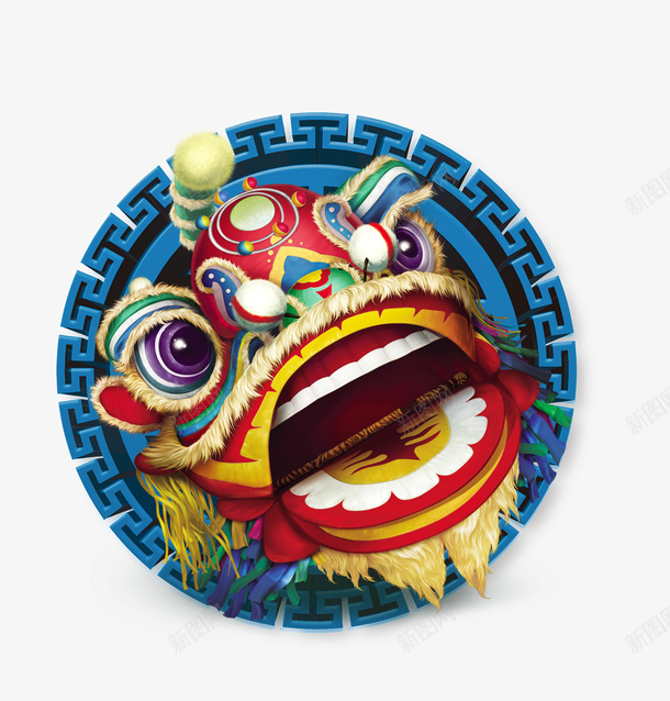 卡通手绘狮子头psd免抠素材_88icon https://88icon.com 中国风 传统 卡通 喜庆 手绘 舞狮 蓝色底纹 贺岁 过年