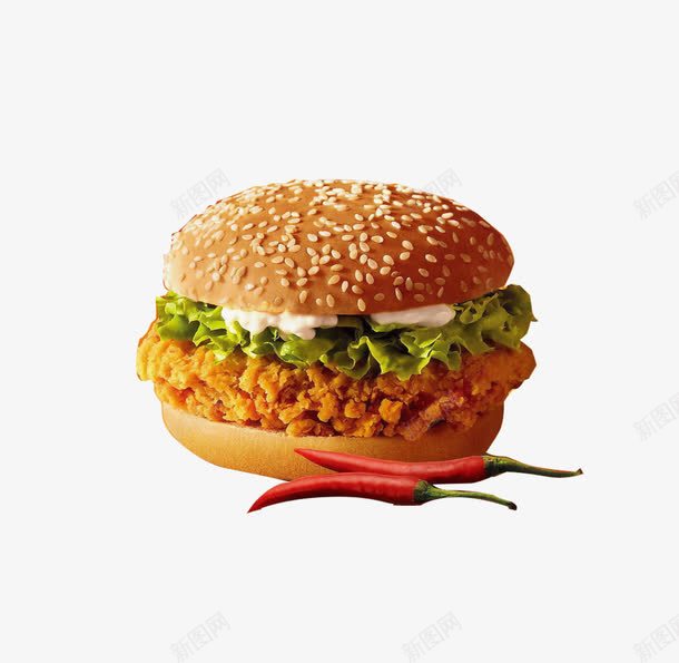藤椒汉堡png免抠素材_88icon https://88icon.com 红辣椒 芝麻 面包 鸡肉 鸡腿堡
