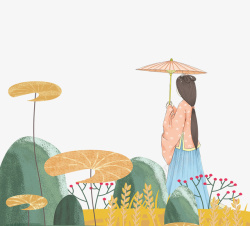 春季手绘江南女子与景色装饰素材