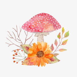 红色蘑菇卡通手绘蘑菇与花高清图片