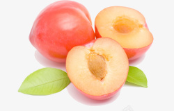 高清水彩新鲜切开的桃子和叶子高清图片