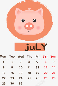 日历挂画图案2019新年可爱猪头七月日历高清图片