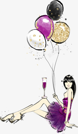紫色裙子拿着气球的性感女人高清图片