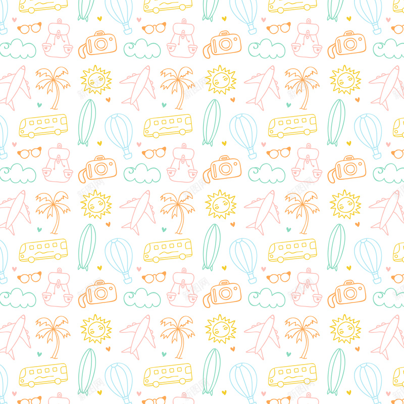 彩色手绘旅行元素无缝背景矢量图psd设计背景_88icon https://88icon.com AI格式含JPG预览图关键字客车热气球太阳镜背包热汽艇太阳椰子树飞机爱心无缝