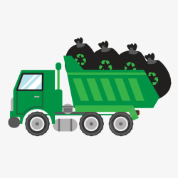 卡通垃圾车绿色垃圾车上的黑色垃圾袋矢量图高清图片