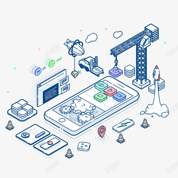 扁平线条25D手机建设矢量图eps免抠素材_88icon https://88icon.com 25D 定位 扁平 手机 火箭 热气球 线条 矢量图