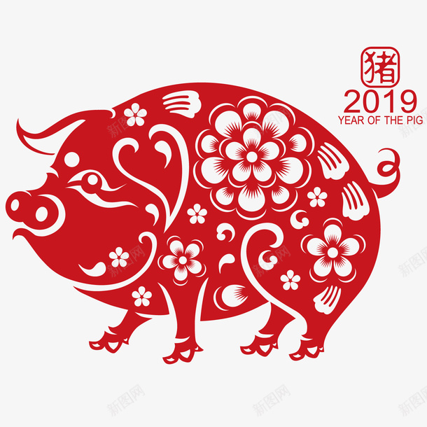 精致花纹的剪纸猪矢量图ai免抠素材_88icon https://88icon.com 传统 剪纸 剪纸猪 大肥猪 新年 民族风 矢量图 精致 红色 花朵 装饰