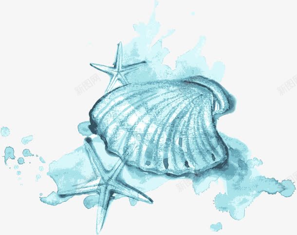 蓝色水彩贝壳与海星png免抠素材_88icon https://88icon.com 水彩图案 海星 海洋主题 海洋生物 贝壳