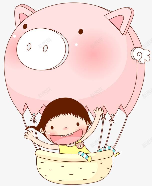 快乐的女孩png免抠素材_88icon https://88icon.com 小女孩 小猪猪 开心 快乐 文红色 热气球 短发 黄色衣服