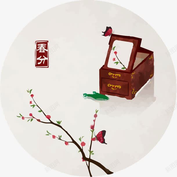 桃花与木盒png免抠素材_88icon https://88icon.com 复古 春分 春分png 木盒 木质 桃花 节气