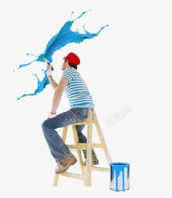 刷漆工人坐在梯子上刷漆素材