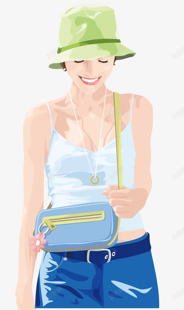穿着夏装的女人png免抠素材_88icon https://88icon.com 夏天 春天 白色吊带 绿色的帽子 绿色的斜肩包 耳环 项链
