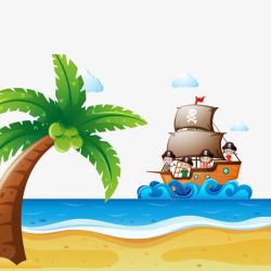 卡通椰树船到达一个岛屿高清图片
